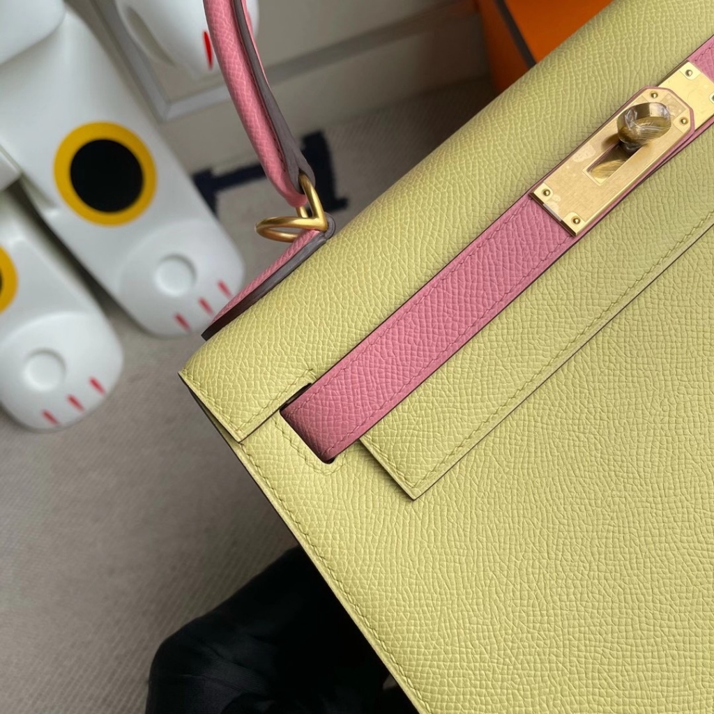Hermes Kelly 28cm Hss Epsom 1Z jaune poussin 1Q rose confetti Hermes Kelly 28cm Hss Epsom 1Z jaune poussin 1Q rose confetti