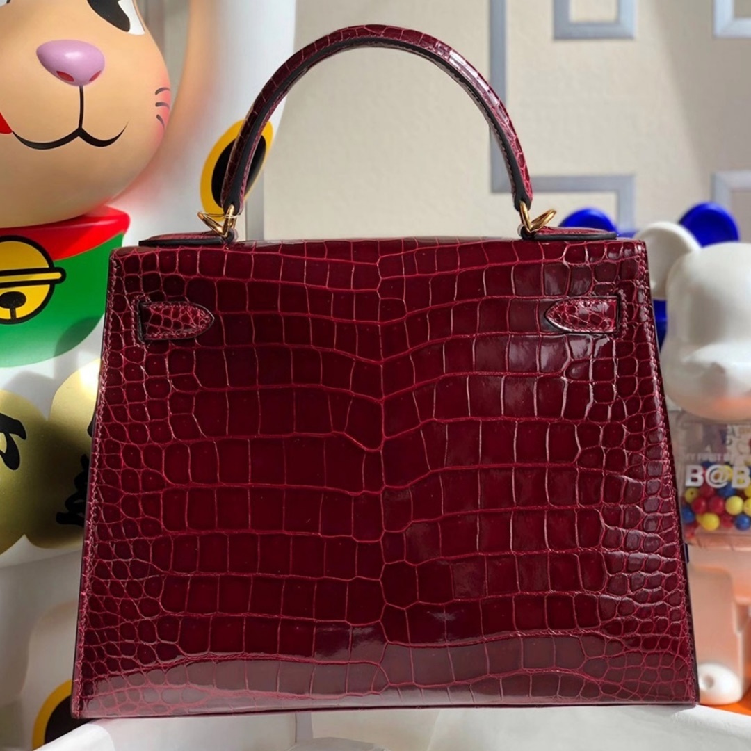 Hermes Kelly 28cm CCF5 Bourgogne Shiny Porosus Crocodile ^ Hermes Kelly 28cm CCF5 Bourgogne Shiny Porosus Crocodile ^