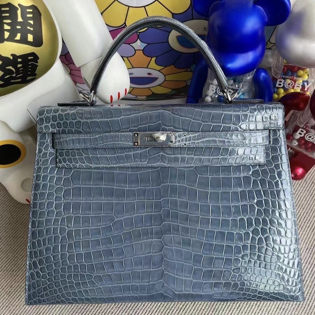 Hermes Kelly 32cm CK75 Blue Jean Shiny porosus crocodile phw Hermes Kelly 32cm CK75 Blue Jean Shiny porosus crocodile phw