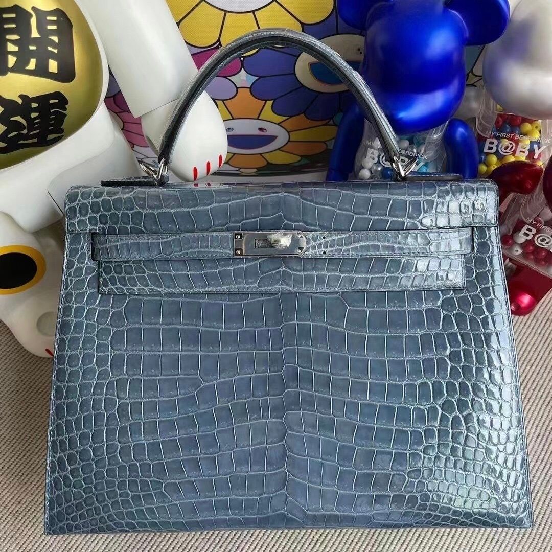 Hermes Kelly 32cm CK75 Blue Jean  Shiny porosus crocodile phw