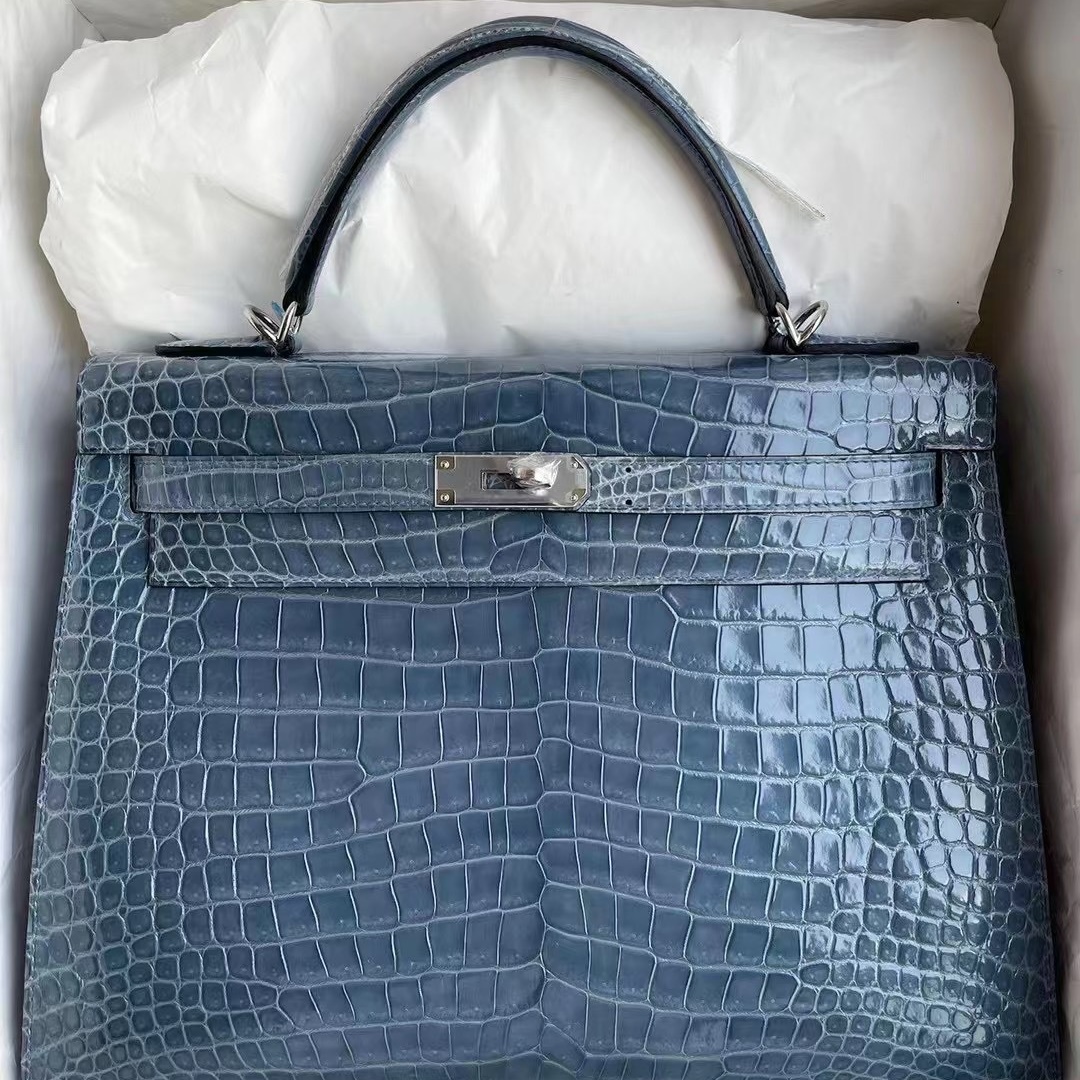 Hermes Kelly 32cm CK75 Blue Jean Shiny porosus crocodile phw Hermes Kelly 32cm CK75 Blue Jean Shiny porosus crocodile phw