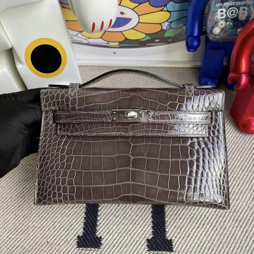 Hermes MiniKelly Pochette Shiny nilo crocodile CK88 Graphite