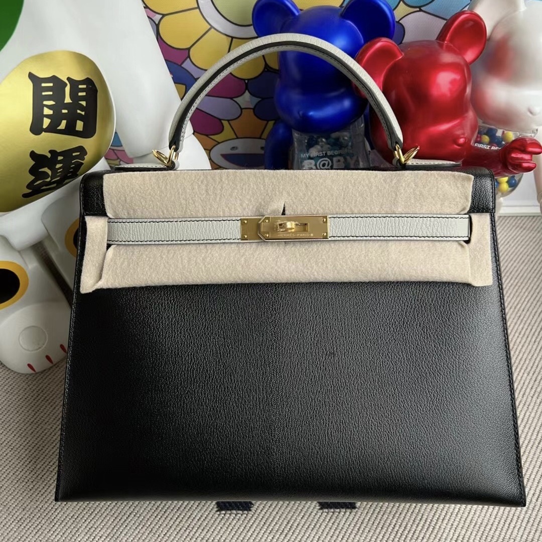 Hermes Kelly 32cm HSS Chevre Mysore 89 Noir 80 Gris Perle Hermes Kelly 32cm HSS Chevre Mysore 89 Noir 80 Gris Perle
