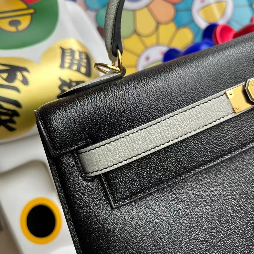 Hermes Kelly 32cm HSS Chevre Mysore 89 Noir 80 Gris Perle Hermes Kelly 32cm HSS Chevre Mysore 89 Noir 80 Gris Perle