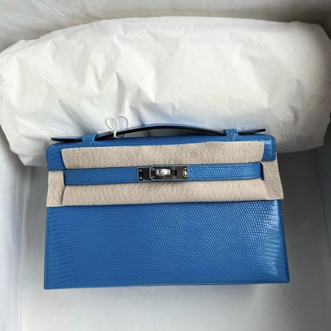 Hermes Mini Kelly Pochette 7Q Blue Mykonos Lizard