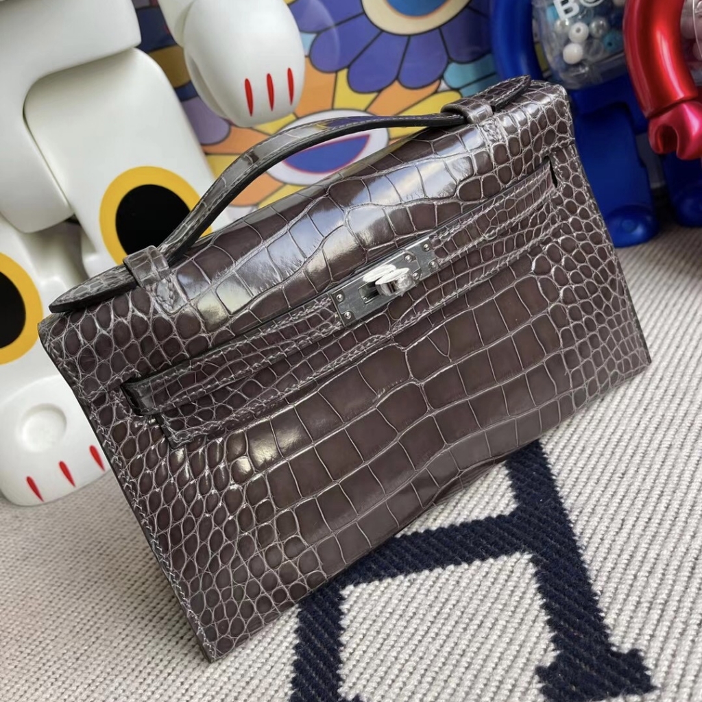 Hermes MiniKelly Pochette Shiny nilo crocodile CK88 Graphite