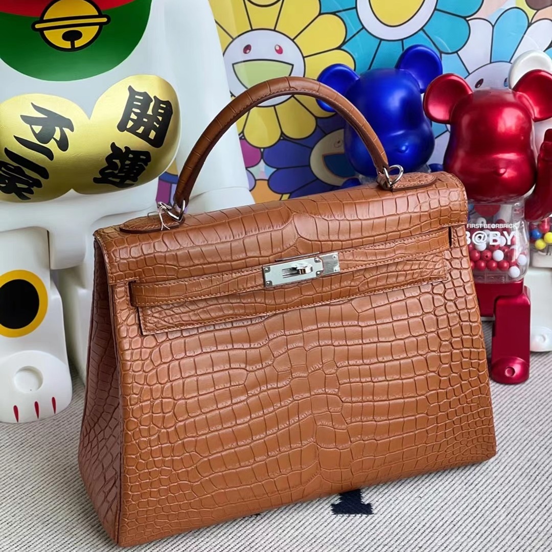 Hermes Kelly 32cm Matte Porosus Crocodile 37 Gold