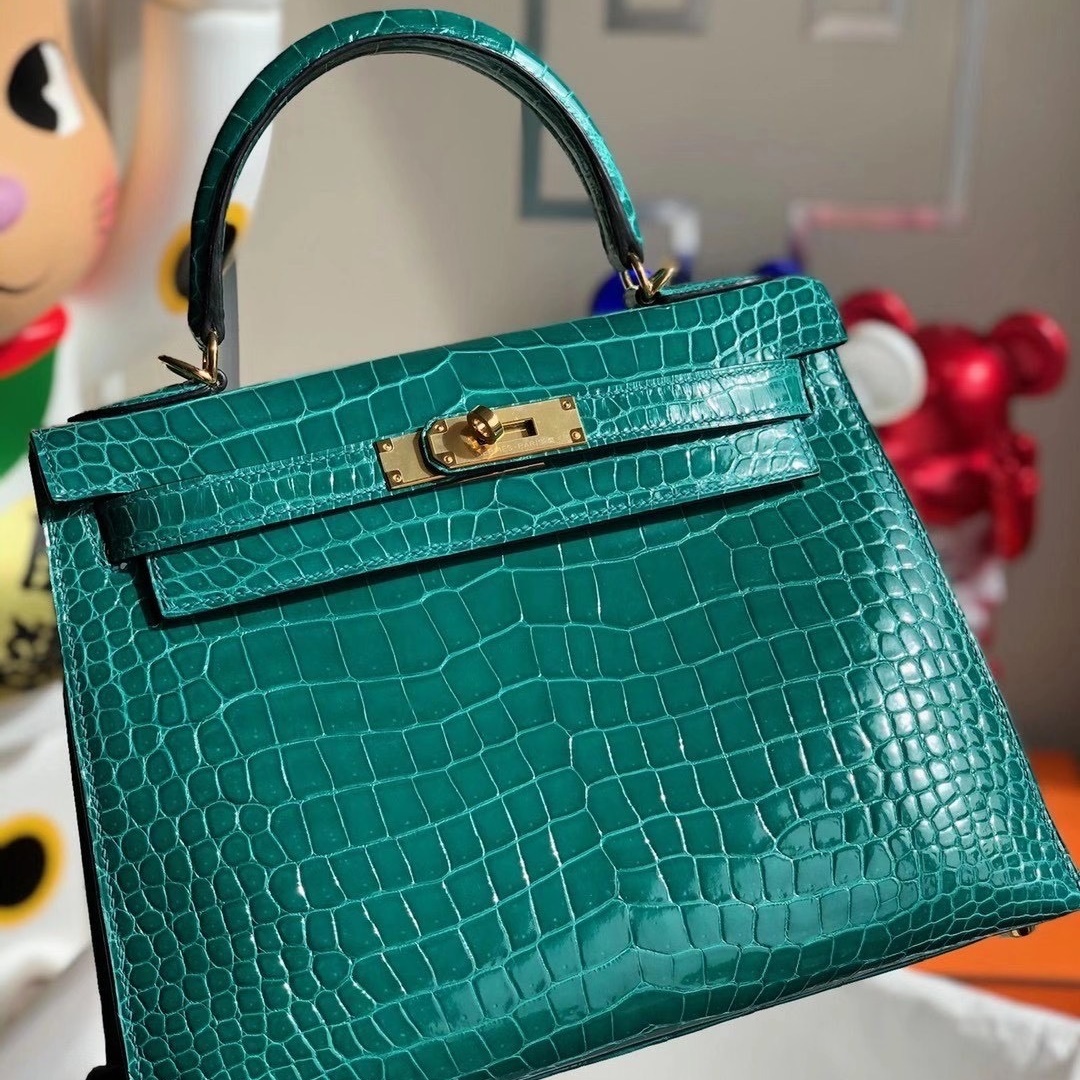 Hermes Kelly 28cm 6Q Very emeraude Shiny Porosus Crocodile 亮＾