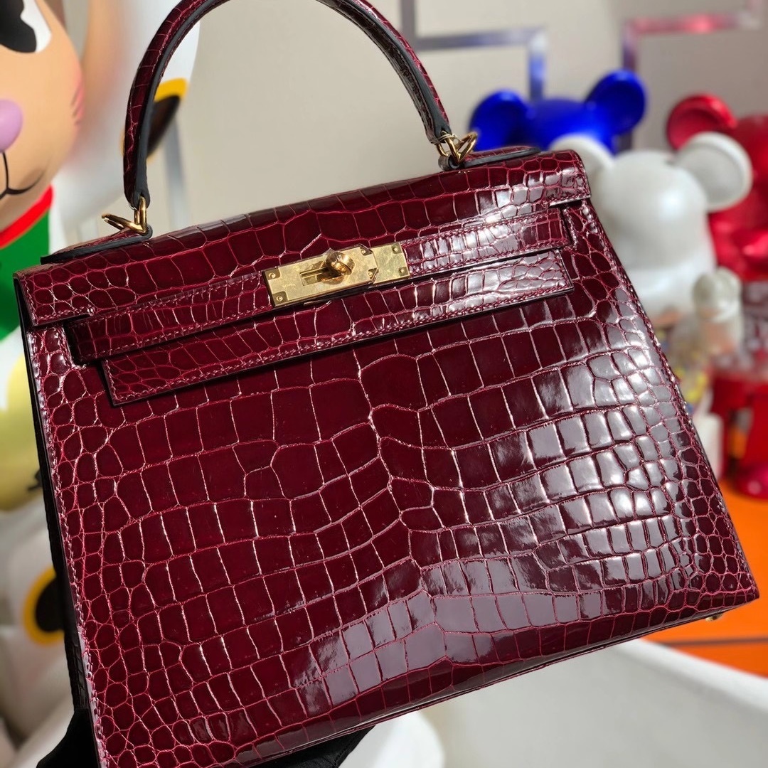 Hermes Kelly 28cm CCF5 Bourgogne Shiny Porosus Crocodile ^ Hermes Kelly 28cm CCF5 Bourgogne Shiny Porosus Crocodile ^