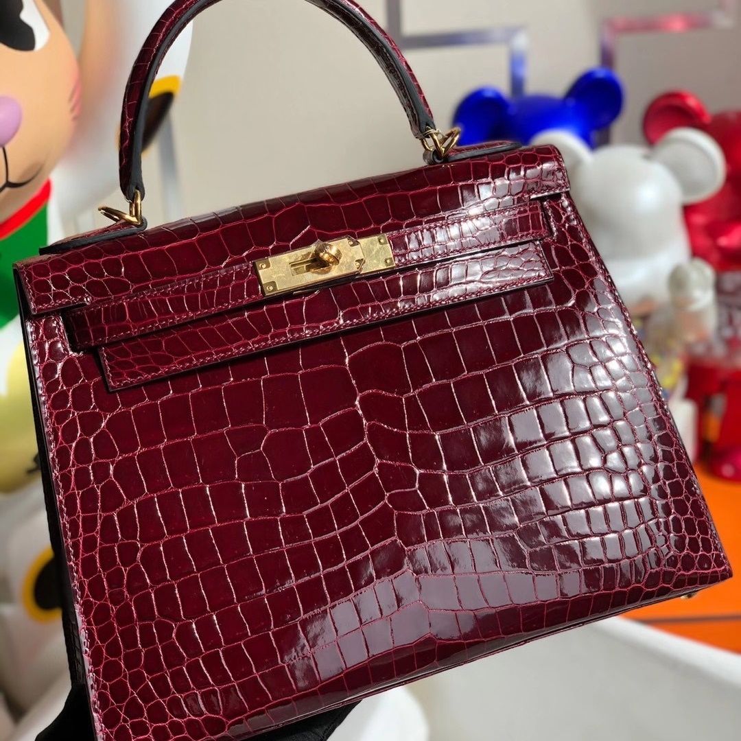 Hermes Kelly 28cm 6Q Very emeraude Shiny Porosus Crocodile ＾-0873