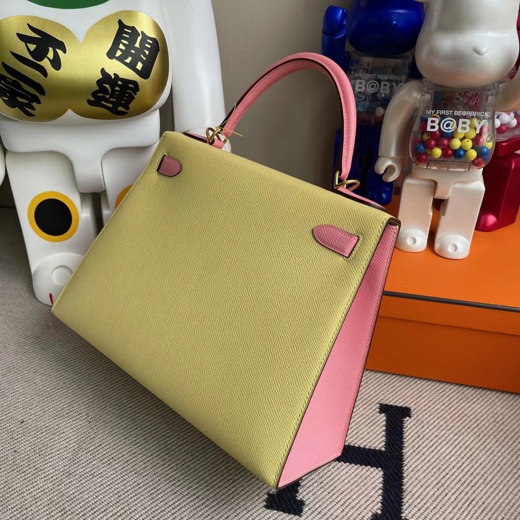 Hermes Kelly 28cm Hss Epsom 1Z jaune poussin 1Q rose confetti Hermes Kelly 28cm Hss Epsom 1Z jaune poussin 1Q rose confetti