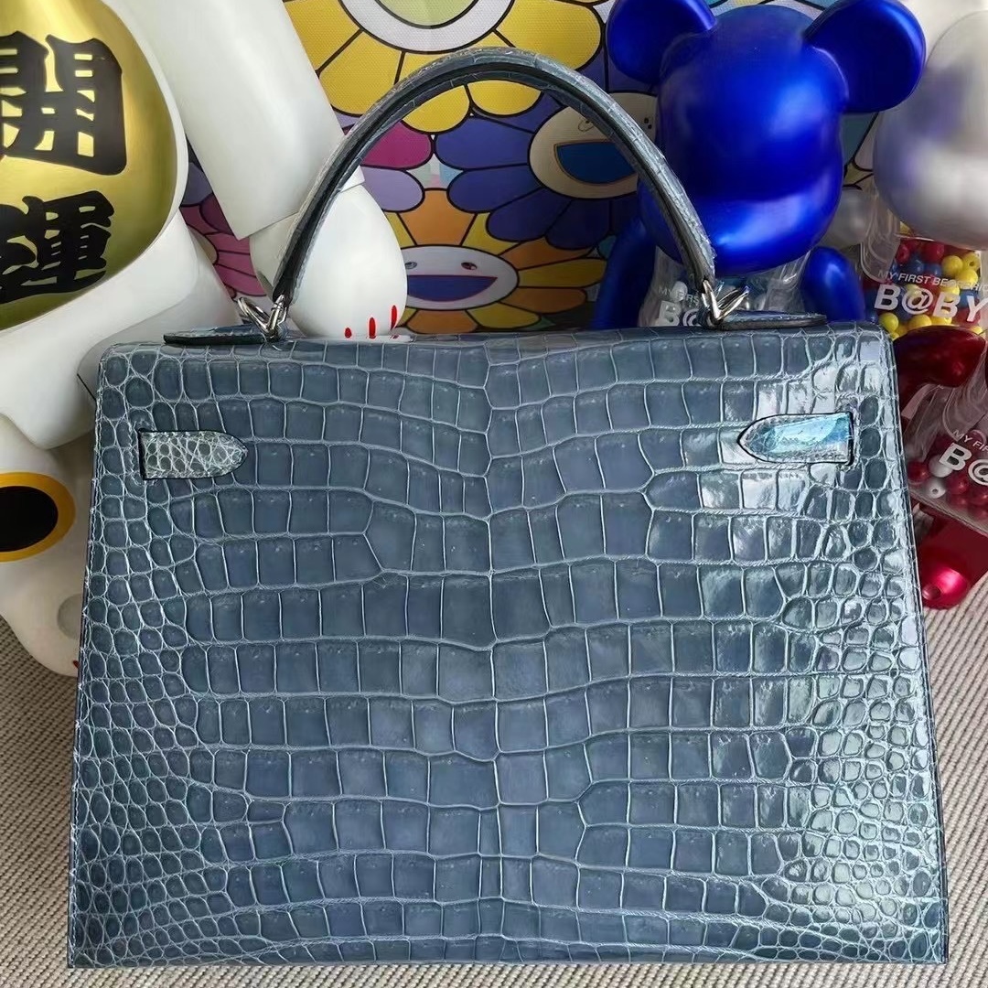 Hermes Kelly 32cm CK75 Blue Jean Shiny porosus crocodile phw Hermes Kelly 32cm CK75 Blue Jean Shiny porosus crocodile phw