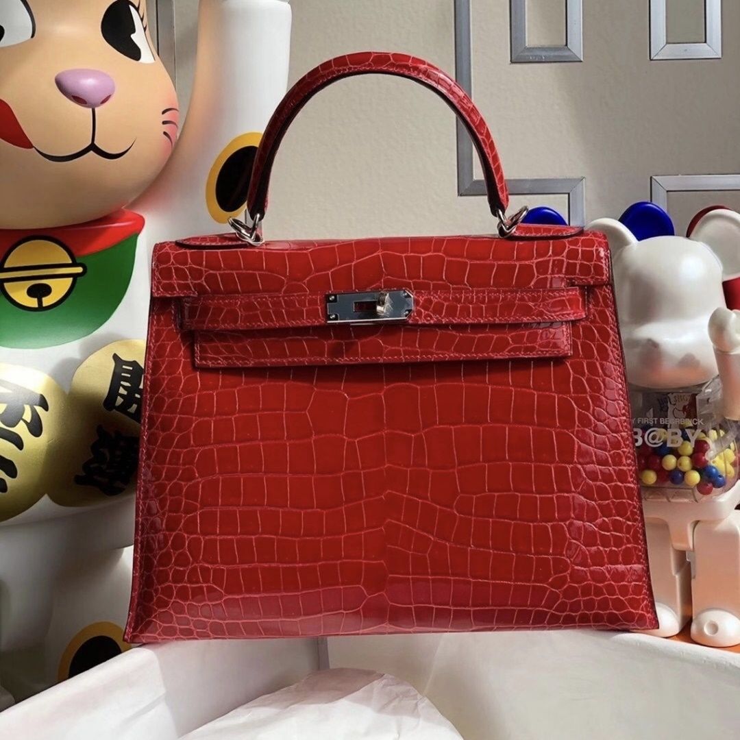 Hermes Kelly 28cm ck95 Braise  Shiny Porosus Crocodile ＾