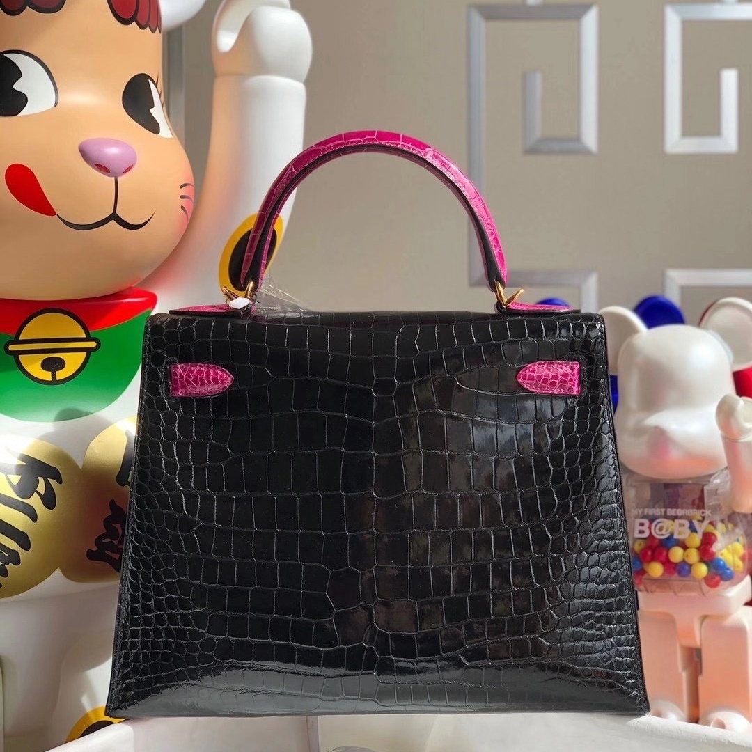 Hermes HSS Kelly 28cm J5 Rose Sheheraradez 89 Noir Porosus Crocodile
