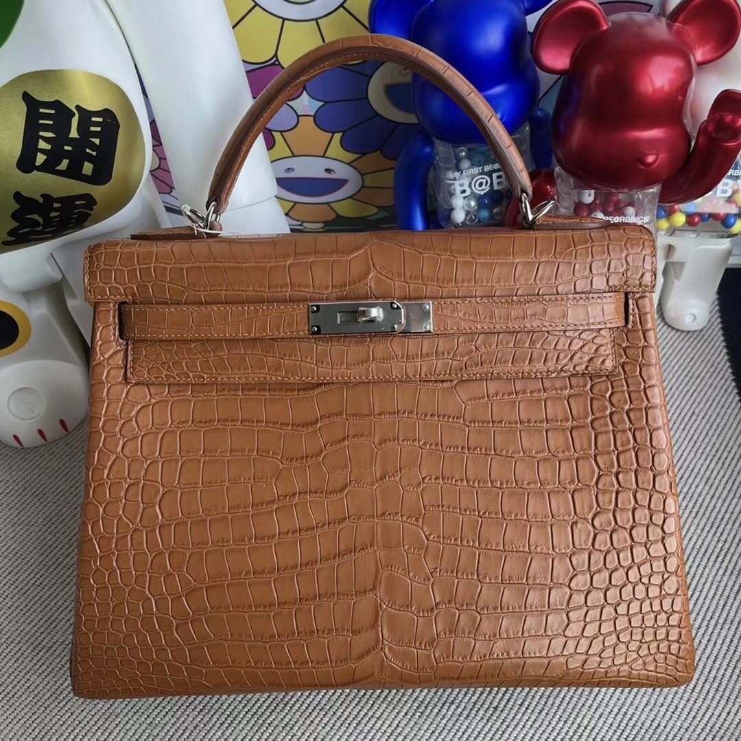 Hermes Kelly 32cm Matte Porosus Crocodile 37 Gold