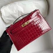 Hermes MiniKelly Pochette 22cm  Shiny Alligator Crocodile 55 Rouge H  GHW