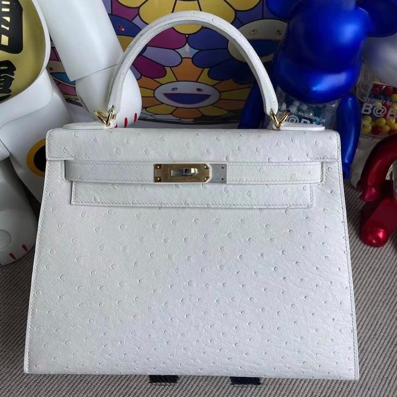 Hermes Kelly 28cm Ostrich 01 Pure white GHW