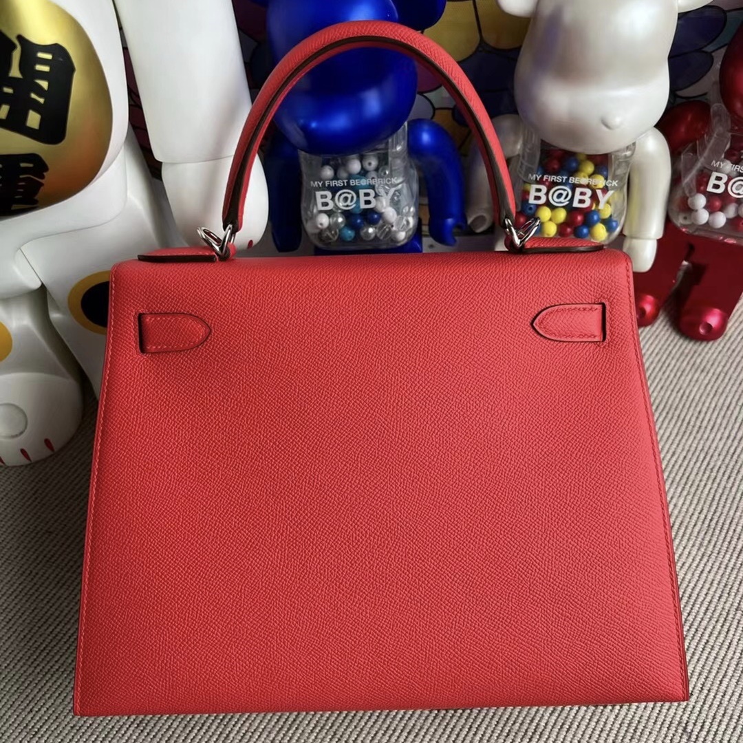 Hermes Kelly 28cm Epsom S5 Rouge Tomate  Silver hardware  All hand sewing