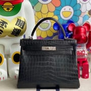 Hermes Kelly 28cm 6Q Very emeraude Shiny Porosus Crocodile ＾-9726