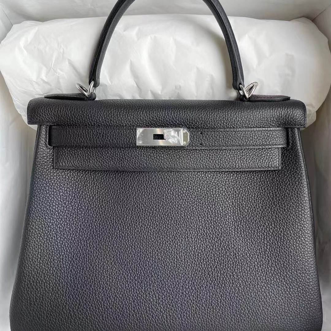 Hermes kelly 28cm CK89 Noir  Togo Silver Full Handmade
