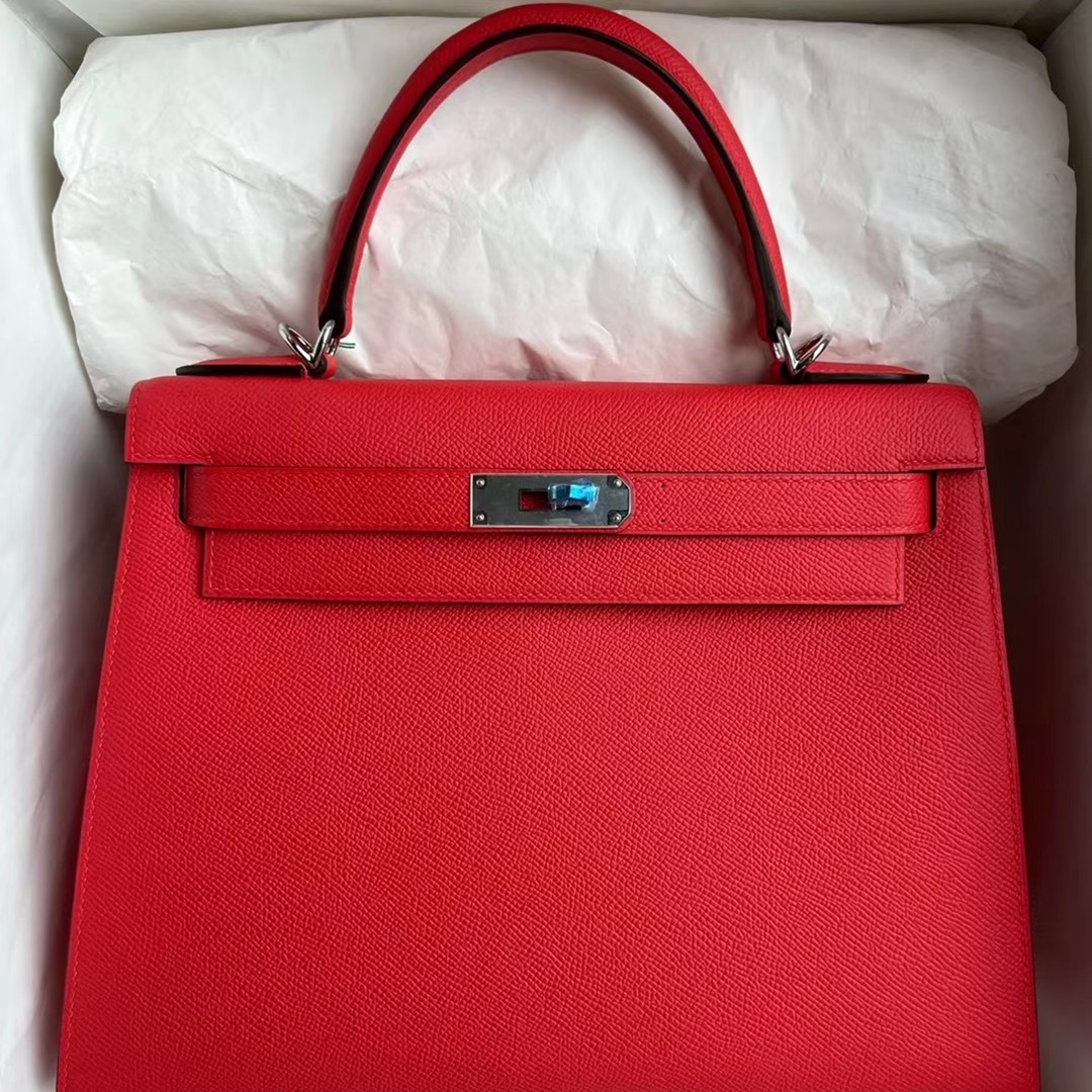 Hermes Kelly 28cm Epsom S5 Rouge Tomate  Silver hardware  All hand sewing