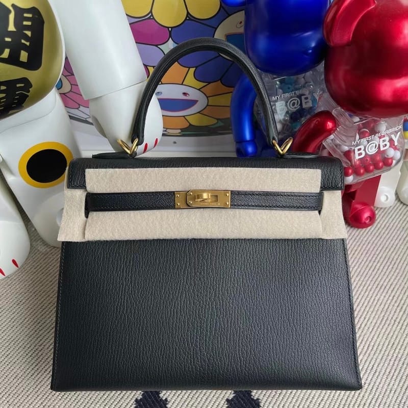Kelly 28 Mysore Goatskin 89 Noir I6 Rose ExtrêMe