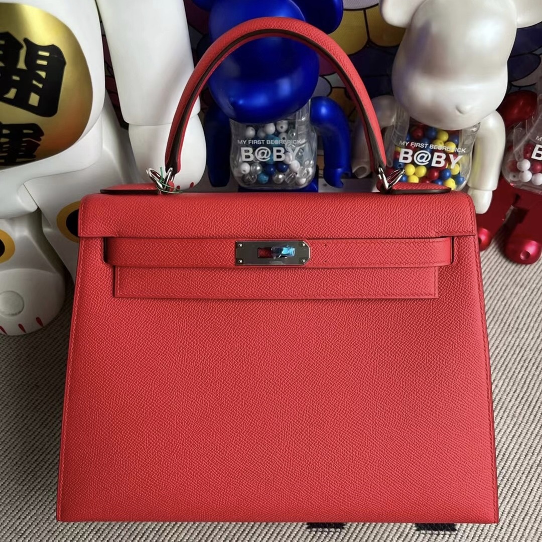 Hermes Kelly 28cm Epsom S5 Rouge Tomate  Silver hardware  All hand sewing