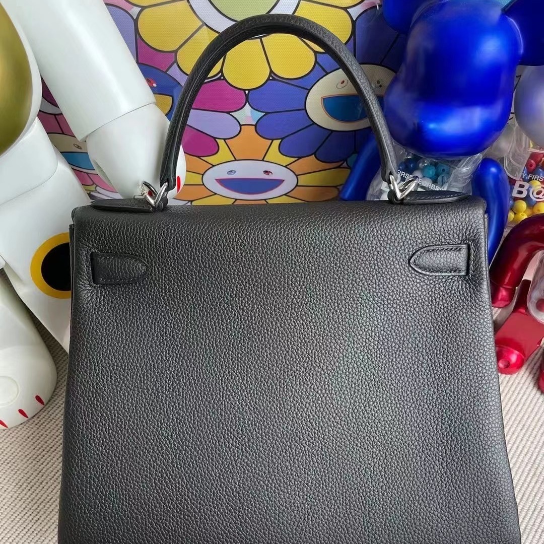 Hermes kelly 28cm CK89 Noir  Togo Silver Full Handmade