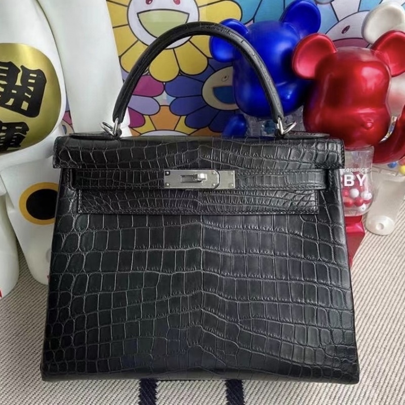 Hermes Kelly 28cm Matte alligator crocodile 89 Noir Hermes Kelly 28cm Matte alligator crocodile 89 Noir