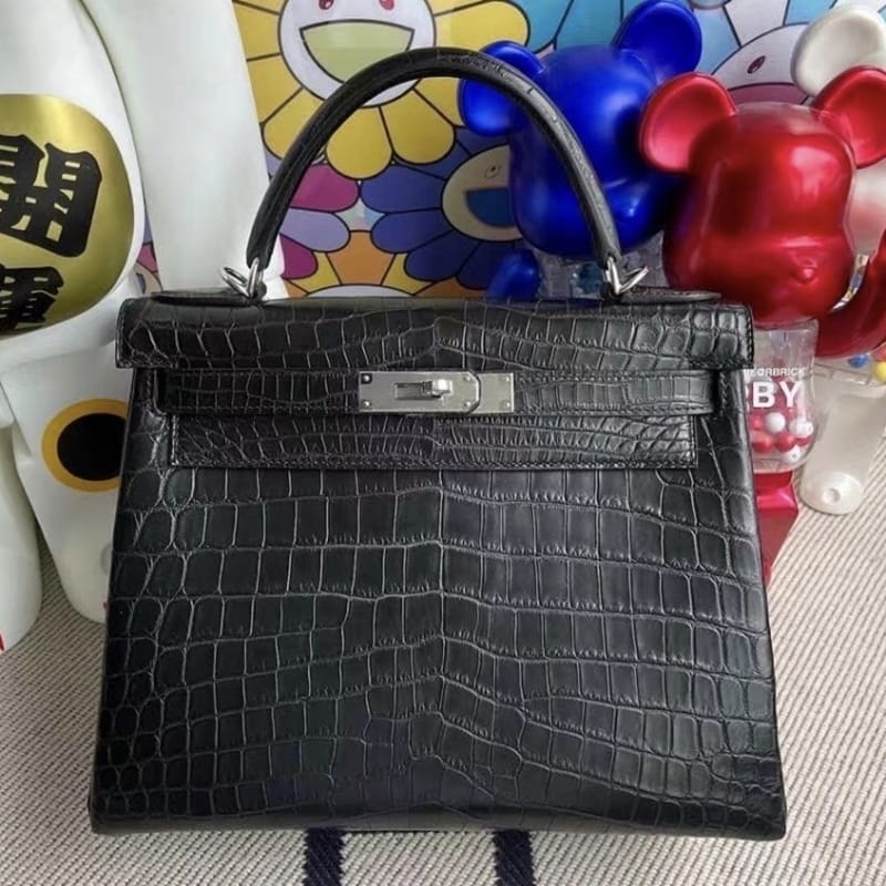 Hermes Kelly 28cm 6Q Very emeraude Shiny Porosus Crocodile ＾-9726