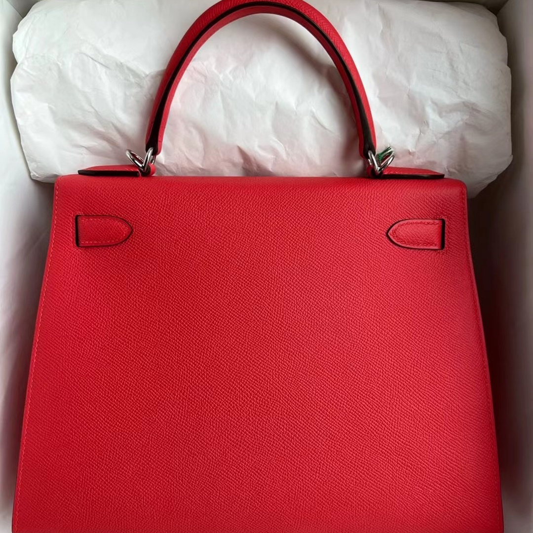 Hermes Kelly 28cm Epsom S5 Rouge Tomate  Silver hardware  All hand sewing