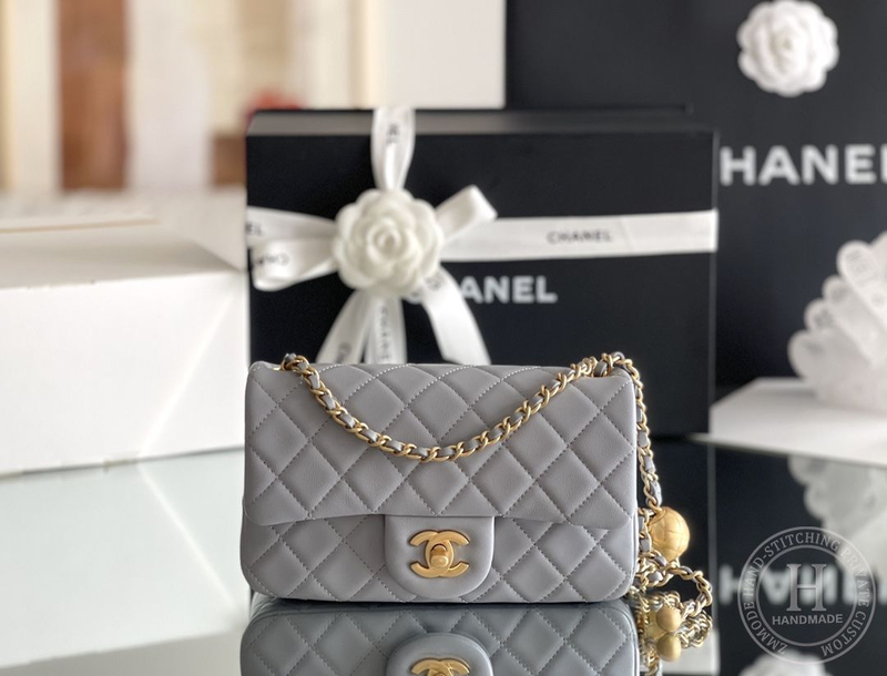 Lambskin Quilted Mini CC Pearl Crush Rectangular Flap Dark Beige-2751