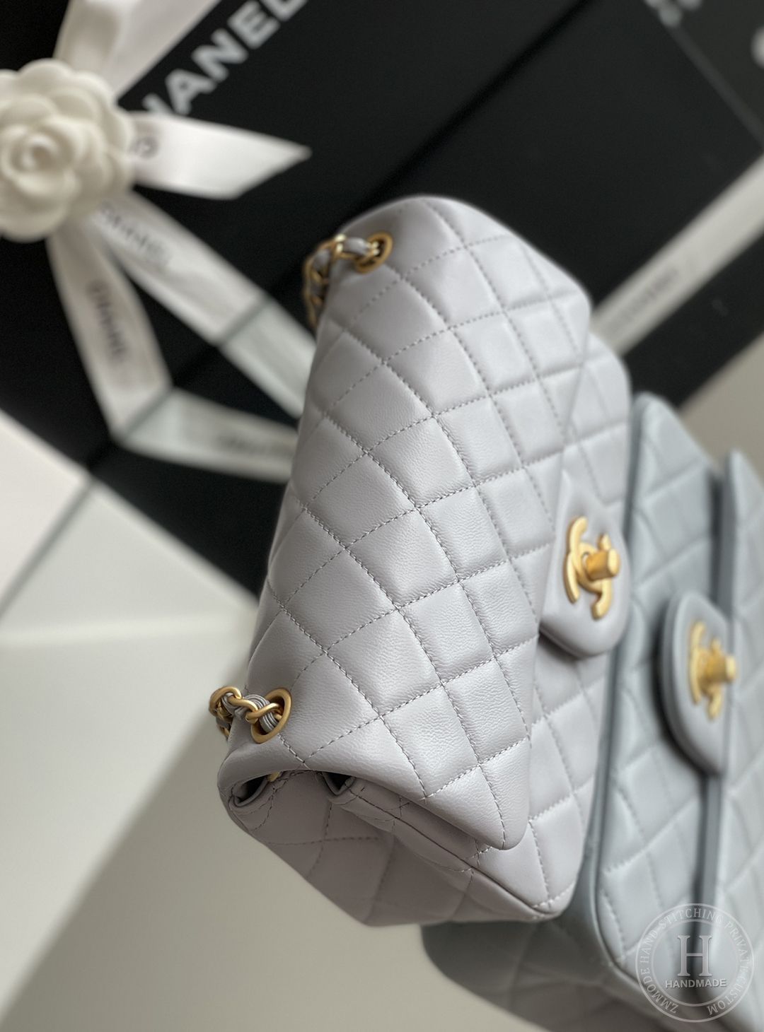 Lambskin Quilted Mini CC Pearl Crush Rectangular Flap Dark Beige-2751