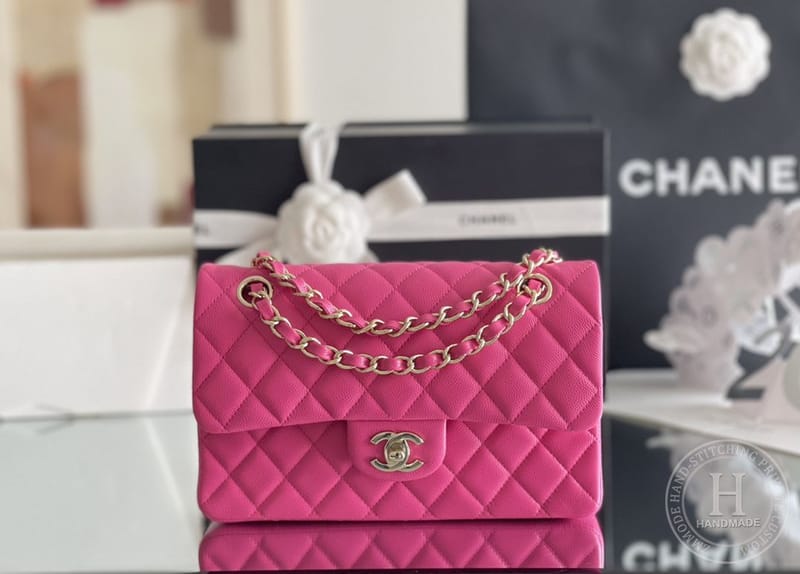 CLASSIC FLAP 23× 14.5 × 6 cm ZP小球纹牛皮LEATHER 玫红浅金扣