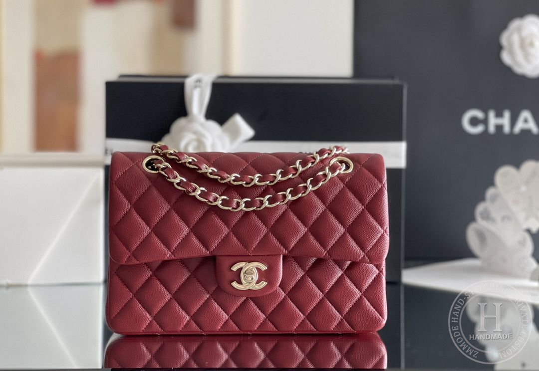 CLASSIC FLAP 23× 14.5 × 6 cm ZP LEATHER 酒红色浅金扣 CLASSIC FLAP 23× 14.5 × 6 cm ZP LEATHER 酒红色浅金扣