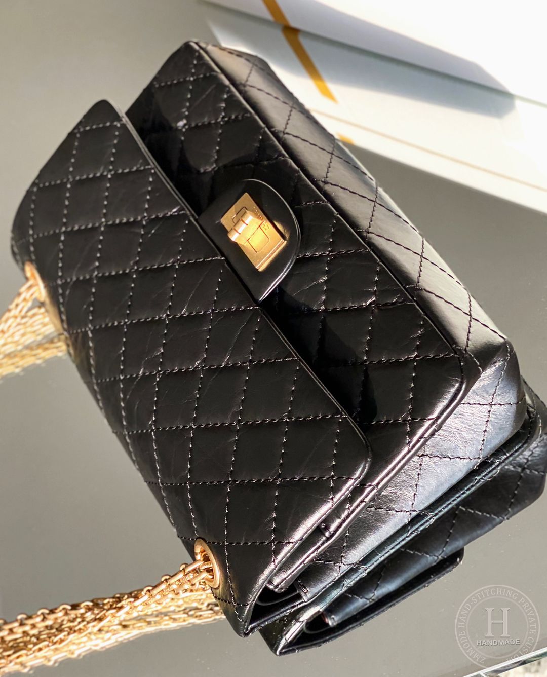 Chanel 2.55 28CM 牛皮 黑色古金扣