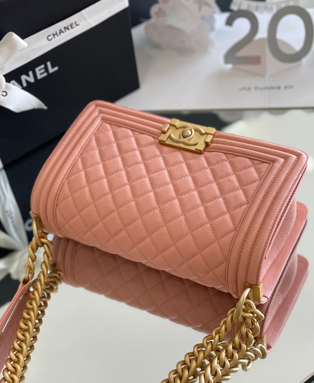Chanel Leboy-25× 14.5×8cm 肉粉色V纹浅金扣-8737