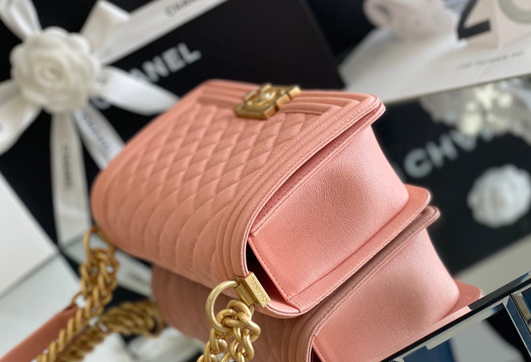 Chanel Leboy-25× 14.5×8cm 肉粉色V纹浅金扣-8737