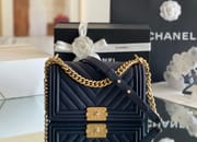 Chanel Leboy-25× 14.5×8cm 电光蓝V纹浅金扣-4326
