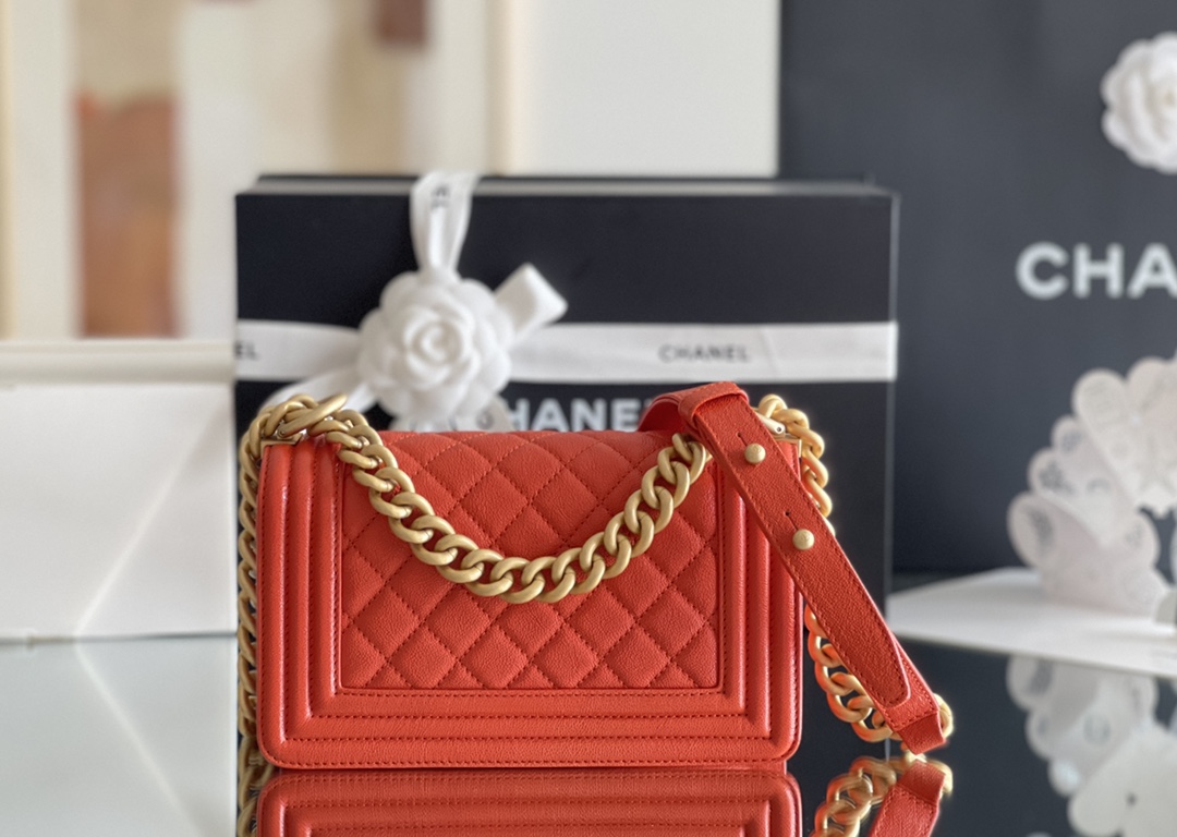 Chanel Leboy-20× 12×7cm 橘红色24kgold扣