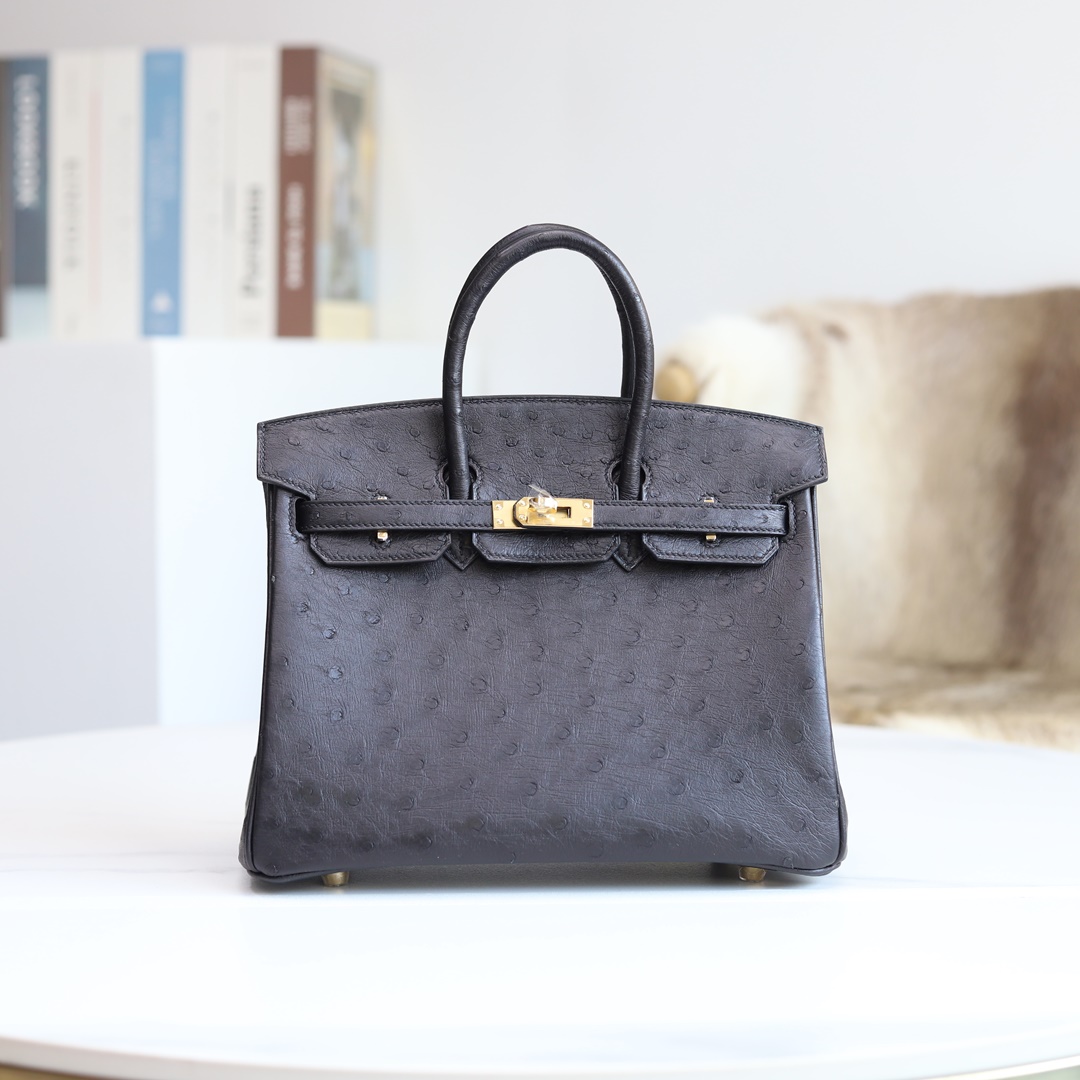 Replica Hermes Kelly Sellier 25 Handmade Bag In Black Ostrich Leather