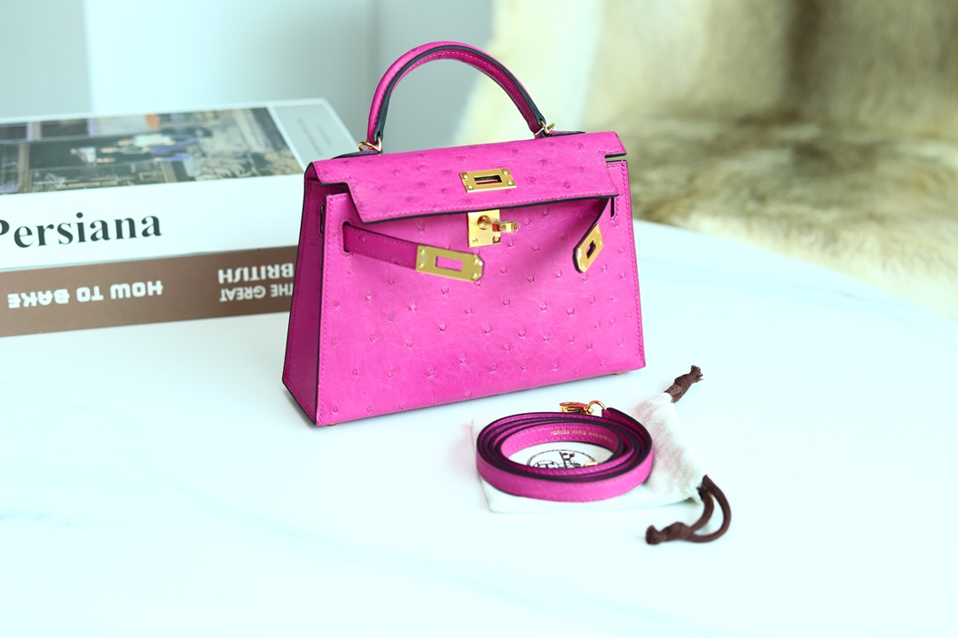 [ STOCK ] MINI KELLY II L3 ROSE POUPRE OSTRICH GHW