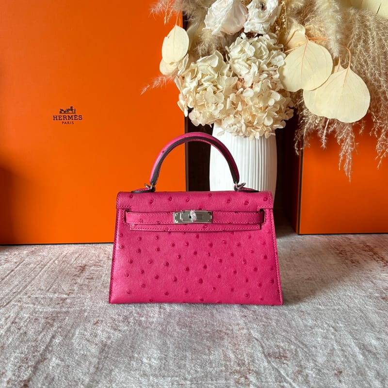 Mini Kelly 20cm Ostrich E5 Rose Tyrien Phw