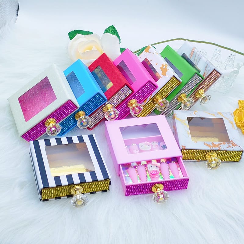 Square Press On Nails Organizer Magnetic Boxes with Rhinestone