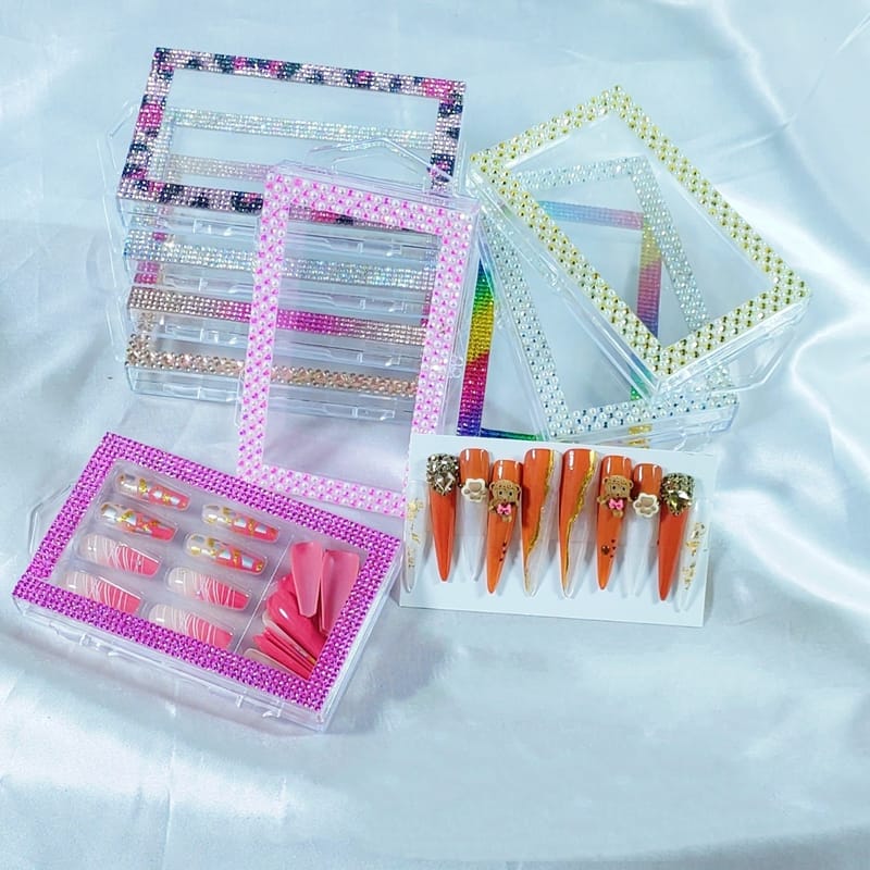 Clear PVC Press On Nails Organizer Boxes with Rhinestone Accents
