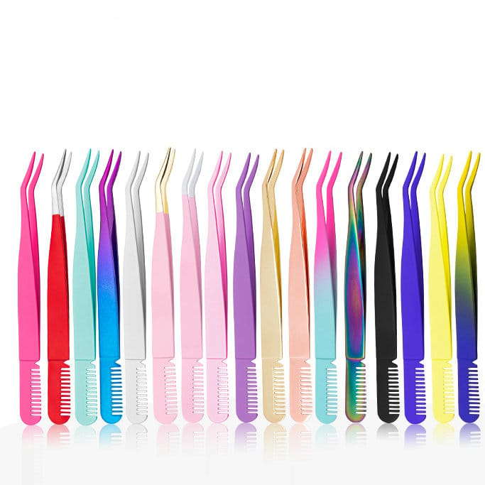 19 Color Curved Stainless Steel Eyelash Applicator Tweezers with Comb