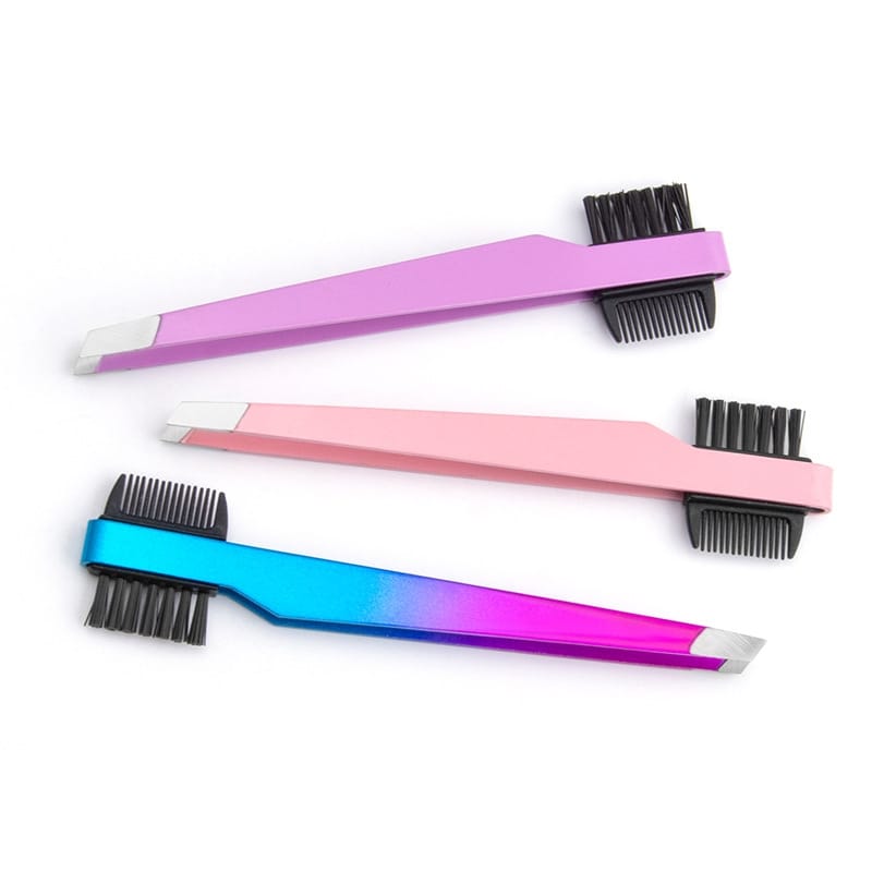 5 Color Angled Stainless Steel Eyebrow Tweezers with Brush & Comb