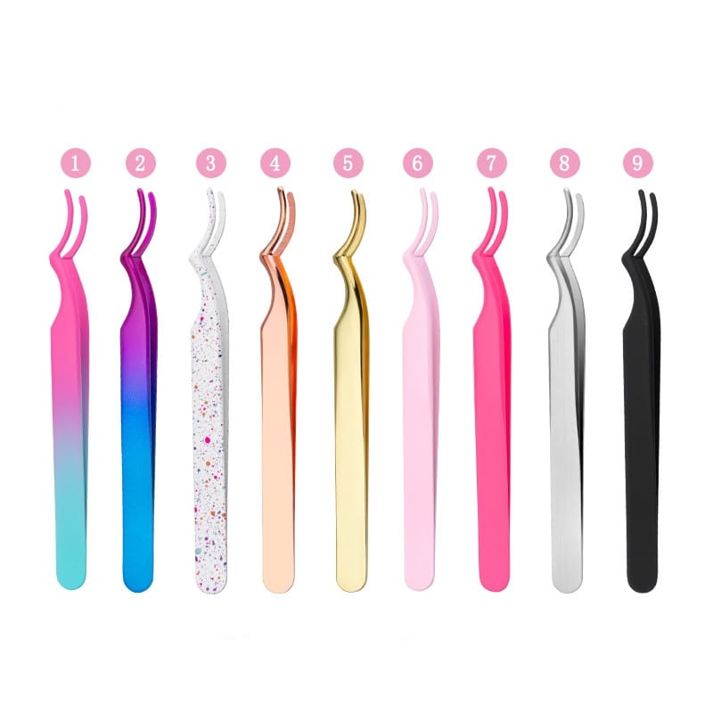 10 Color Arc Mouth Curved Stainless Steel Eyelash Applicator Tweezers