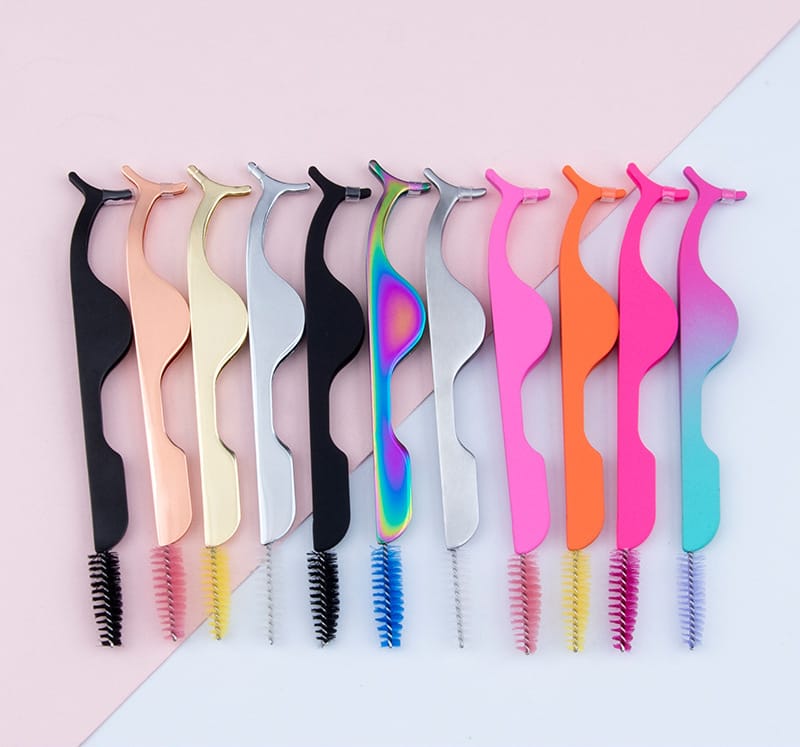 11 Color Stainless Steel Eyelash Applicator Tweezers with Brush