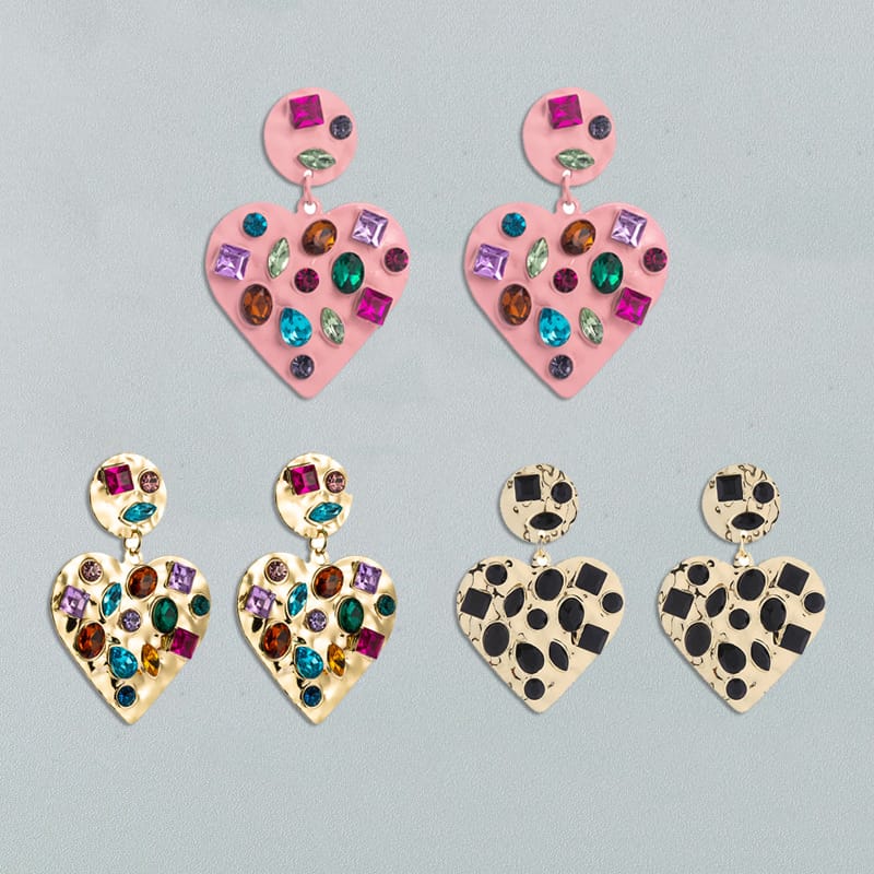 3 Color Heart Geometric Full Rhinestone Earrings ﻿